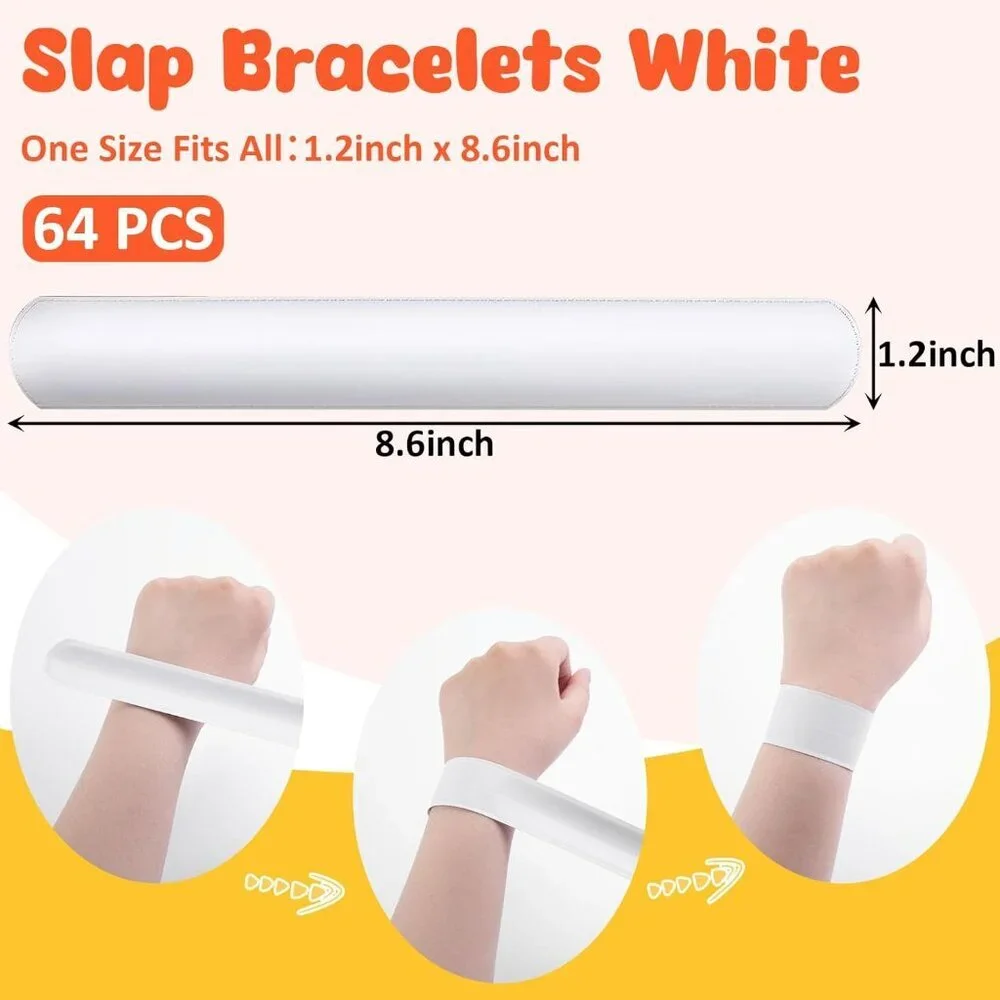 Slap Bracelets Bulk, 64PCS White Slap Bracelets DIY Wrist Band Blank Snap Band f